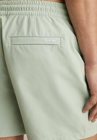 Shorts vert clair en tissu lisse, avec une taille élastique, une poche arrière et un logo brodé "Reiss".