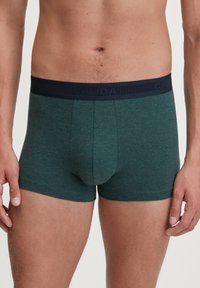 Heren boxershorts in een donkere groene gemêleerde stof. Gekenmerkt door een marineblauwe elastische tailleband met ingesloten merknaam. Strakke pasvorm.