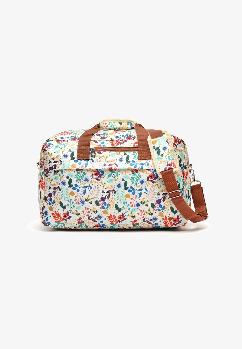 Sac de sport à imprimé floral en blanc et couleurs pastel, avec des poignées en tissu marron et une bandoulière amovible. Comprend une poche zippée.