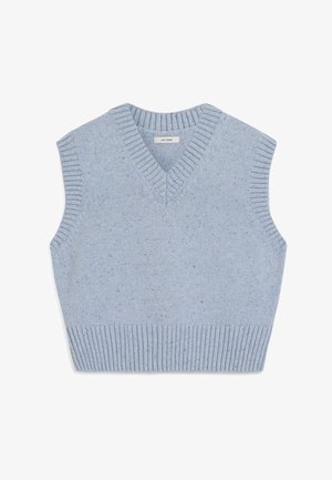 Vesto senza maniche di colore blu chiaro, con scollo a V, caratterizzato da bordi a coste e un motivo testurizzato in tutto il tessuto.