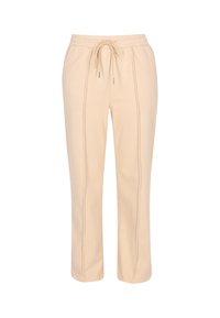 Beige sweatpants med elastisk talje og snor, med to lodrette sømme langs forsiden af benene for ekstra detalje.