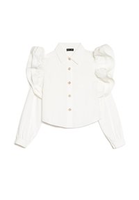 Λευκό μακρυμάνικο πουκάμισο με φουσκωτά μανίκια, κλασικό γιακά, κούμπωμα με κουμπιά εμπρός και διακριτικές διακοσμήσεις με λουλουδένια κουμπιά. Λείο υφασμάτινο υλικό.