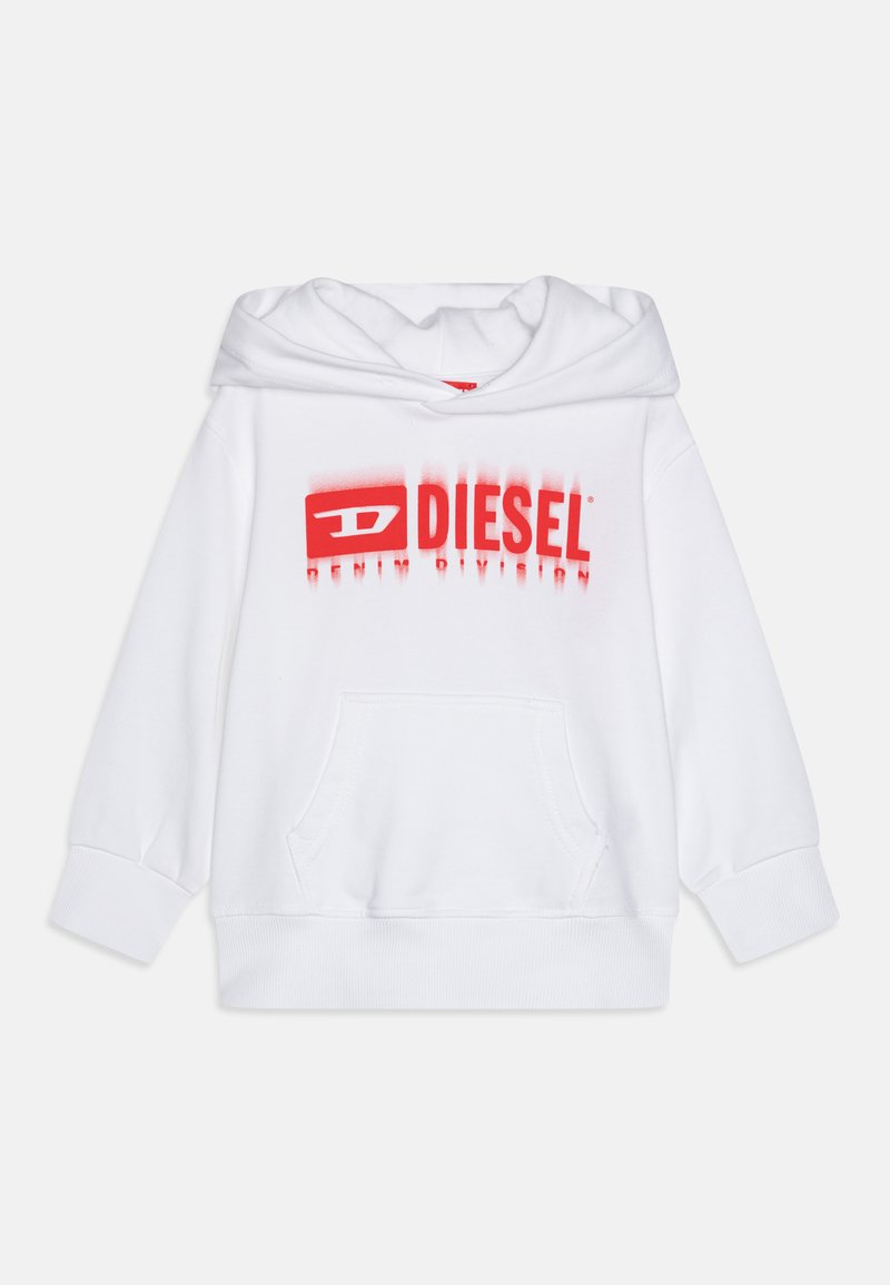 Valkoinen huppari, jossa on iso punainen "DIESEL" -logo ja "DENIM DIVISION" -teksti. Mukana etutasku ja nyöritettävä huppu. Pehmeä materiaali ja ribatut hihansuut.