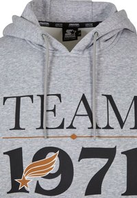 Hanorac gri cu șnur, având un imprimeu mare "TEAM" în negru și "1971" în gri închis. Include un grafic cu aripă și stea maro.