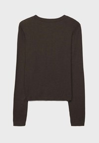 Brun langærmet sweater med rund halsudskæring og ribstrikkede manchetter. Stoffet virker blødt med en glat tekstur og et cropped design.