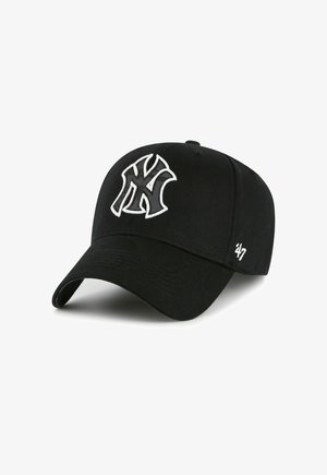 Black baseball cap made of cotton with a white embroidered logo. Features a curved brim and stitched accent detailing on the side.