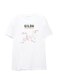 T-shirt en coton blanc avec le texte "GILDA" en vert, illustré d'un piment, de deux olives et d'une anchois. Manches courtes, coupe décontractée.