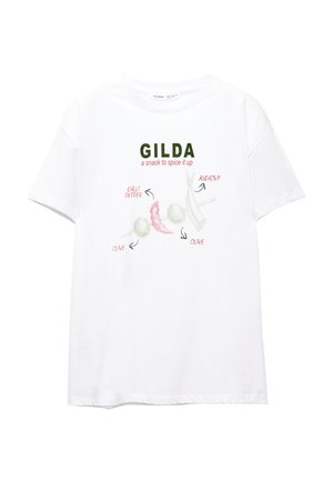 Weisses Baumwoll-T-Shirt mit grüner "GILDA"-Aufschrift, versehen mit einer Grafik von einer Chilischote, zwei Oliven und einer Sardelle. Kurze Ärmel, lockere Passform.