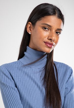 Maglione a collo alto ribbed di colore azzurro chiaro con maniche lunghe. Tessuto morbido, design aderente e scollo alto. Abbinato a semplici orecchini a perno.