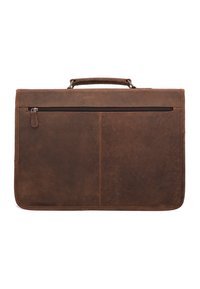 Brun lædermappe med tekstureret overflade, udstyret med et topgreb, en frontlomme med lynlås og to lodrette paneldetaljer.