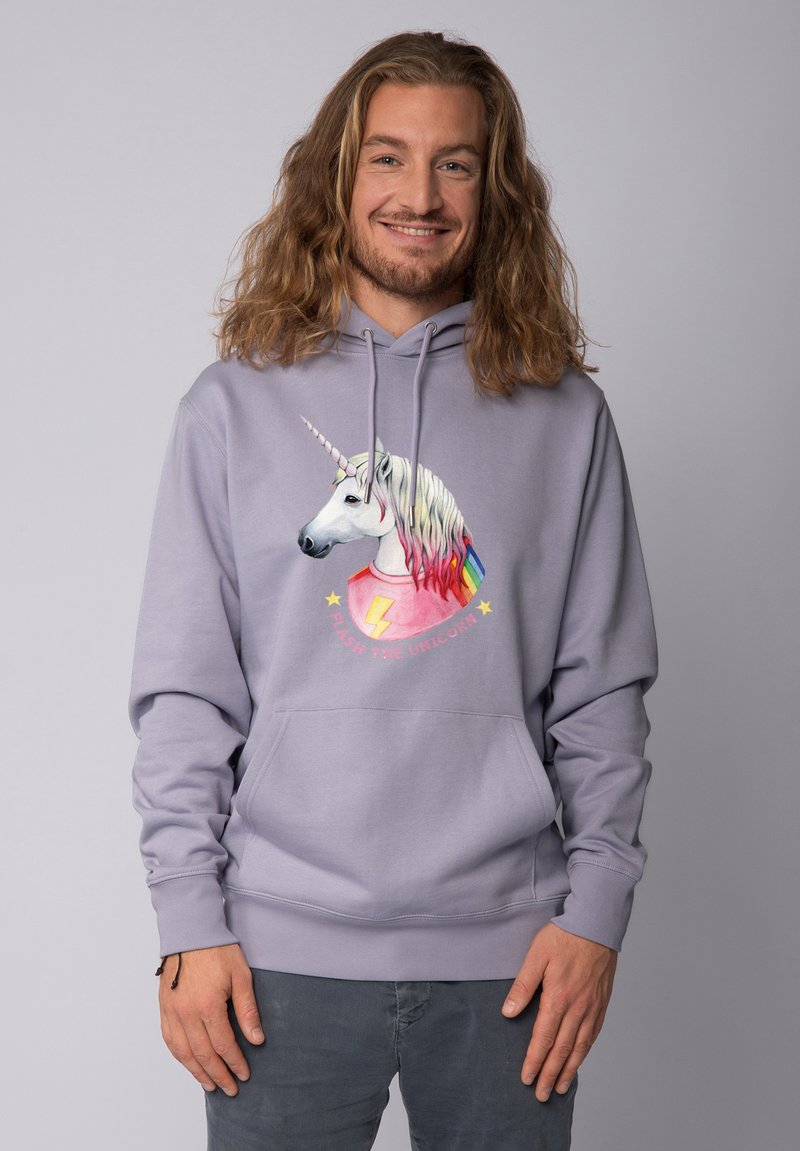 Paarse hoodie met een vooraanstaand eenhoorn grafiek, met een roze manen en regenboogaccenten. Inclusief een kangoeroezak en een trekkoordkap.
