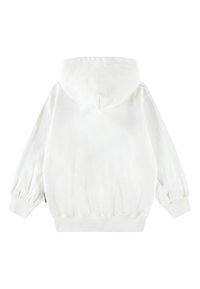 Sweat à capuche blanc avec une texture douce, manches longues, poignets et hem élastiques, et une couture centrale dans le dos. Doté d'une capuche avec cordon de serrage.