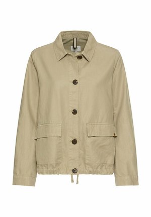 Beige jacket made of lightweight fabric, featuring a collared neckline, button closure, two front pockets, and a drawstring hem.