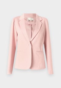 Světle růžový blazer s přizpůsobeným střihem, jednobarevným zapínáním na jeden knoflík, klopovými límci a dvěma předními kapsami. Hladká látka s jemnou strukturou.