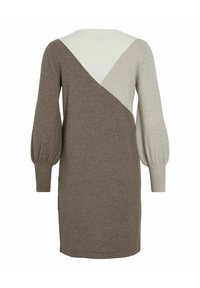 Abito lavorato a maglia con un design a blocchi di colore marrone e grigio chiaro, maniche lunghe a sbuffo e dettaglio posteriore a forma di V. Texture morbida.
