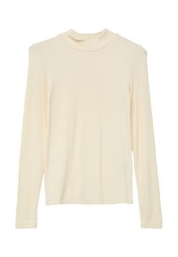 Kremowy top z długim rękawem wykonany z prążkowanej tkaniny, z wysokim kołnierzem i luźnym krojem. Charakteryzuje się gładką fakturą i subtelnymi detalami szwów.
