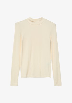 Kremowy top z długim rękawem wykonany z prążkowanej tkaniny, z wysokim kołnierzem i luźnym krojem. Charakteryzuje się gładką fakturą i subtelnymi detalami szwów.