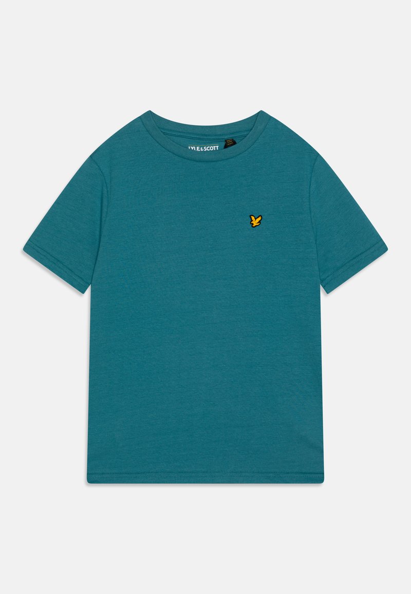 Tyrkysové tričko s krátkým rukávem, vyrobené z bavlny, s kulatým výstřihem a malým vyšitým žlutým logem na levé části hrudi. Hladký povrch.