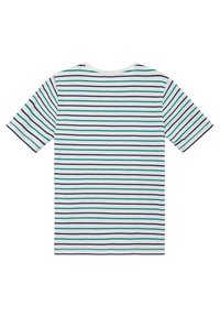 Gestreiftes T-Shirt in Weiß, mit dünnen horizontalen Streifen in Marineblau und Tüpfeltürkis. Kurze Ärmel und ein runder Halsausschnitt mit angenehmer Textur.