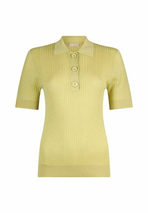 Lichtgele korte mouw gebreide poloshirt met een geribbelde structuur, drie grote knopen en een puntige kraag.