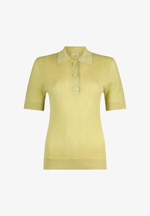 Lichtgele korte mouw gebreide poloshirt met een geribbelde structuur, drie grote knopen en een puntige kraag.