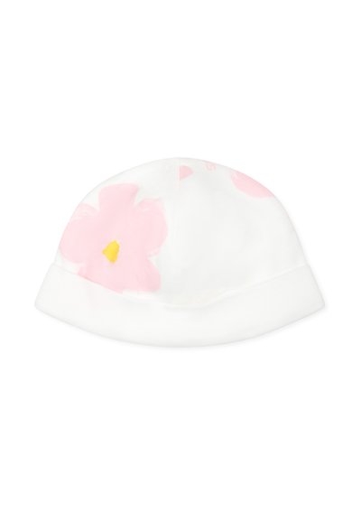 Chapeau en coton blanc avec un motif floral mettant en avant des fleurs roses et des centres jaunes, structuré avec un bandeau replié en bas.