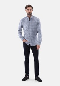 Blau-weiße karierte Hemd mit Knöpfen, lange Ärmel, normale Passform, kombiniert mit dunklen Jeans und schwarzen Loafers auf einem einfarbigen Hintergrund.