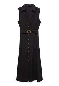 Abito nero senza maniche con davanti a bottoni, colletto, vita elastica e una cintura con fibbia circolare. Design con gonna svasata.