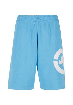 Blauwe shorts van zachte stof, met een elastische tailleband en een groot wit grafisch ontwerp op het linkerpunt.