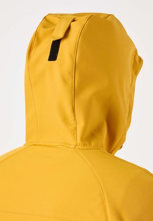 Gelbe Kapuzenjacke mit einem schwarzen Klettverschlussriemen auf der Rückseite der Kapuze, dargestellt von der oberen Rückansicht.