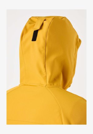 Gelbe Kapuzenjacke mit einem schwarzen Klettverschlussriemen auf der Rückseite der Kapuze, dargestellt von der oberen Rückansicht.