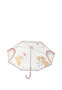 Weißer Regenschirm mit Hasen- und Blumenmustern, einem geschwungenen pinken Griff und bunten Regenbogenakzenten entlang der Kanten.