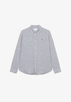 Wit en marineblauw gestreepte langekorte mouw overhemd met een button-down kraag, voorzien van een afgeronde zoom en een klein geborduurd logo op de borst.