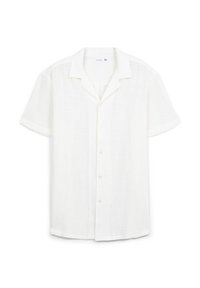 Camicia bianca a maniche corte, in tessuto leggero, dalla consistenza morbida, colletto classico e orlo dritto. Taglia XL, design minimalista.