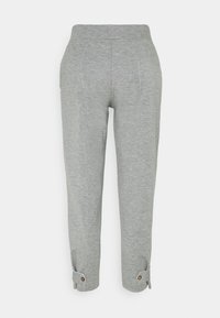 Gray trousers with a soft texture, tapered legs, and buttoned cuffs. Features front seams and an elastic waistband for comfort.