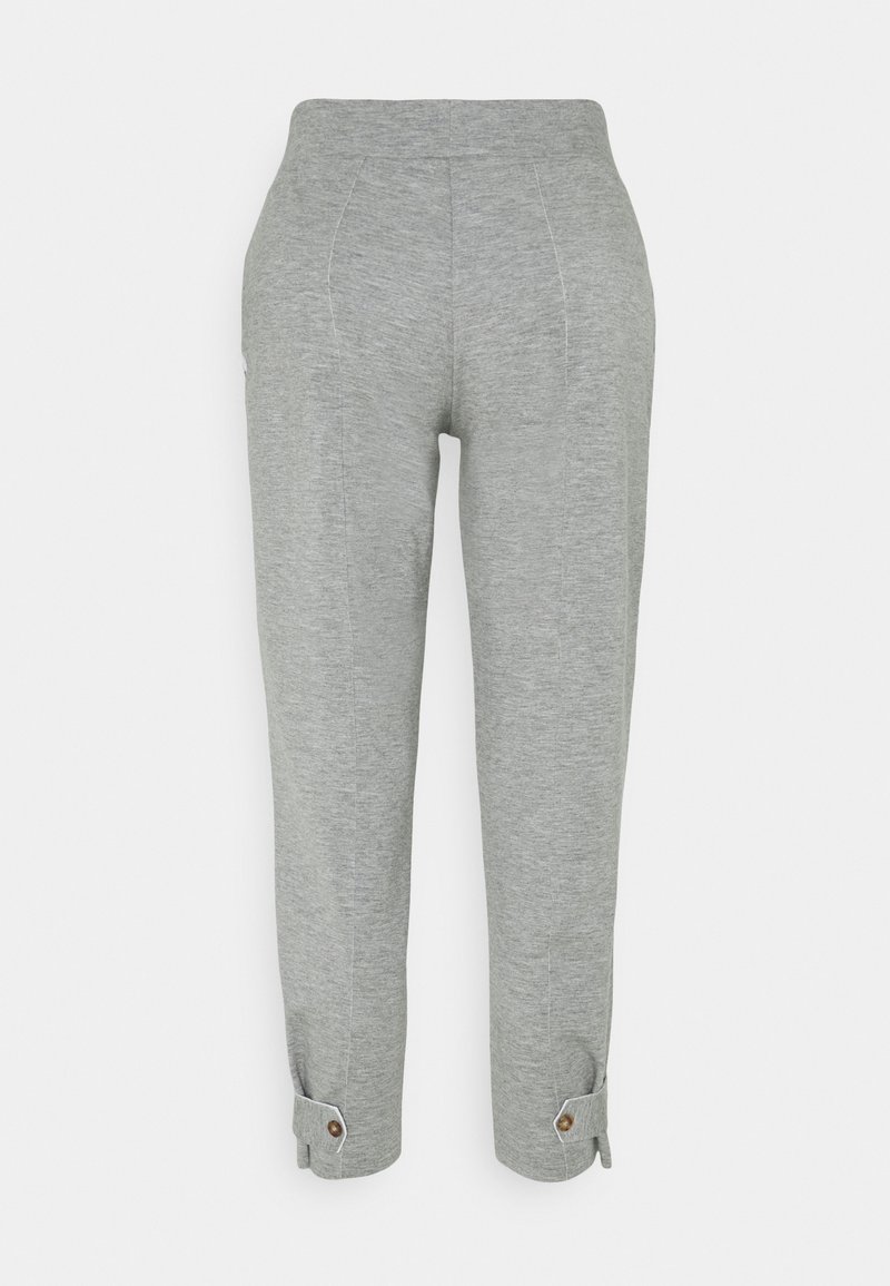 Gray trousers with a soft texture, tapered legs, and buttoned cuffs. Features front seams and an elastic waistband for comfort.