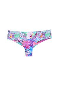 Värikäs bikinitoppi kukka- ja simpukkapainatuksella sinisen, vihreän ja purppuran sävyissä. Korostettuna punaisella tähdenmuotoisella designilla.