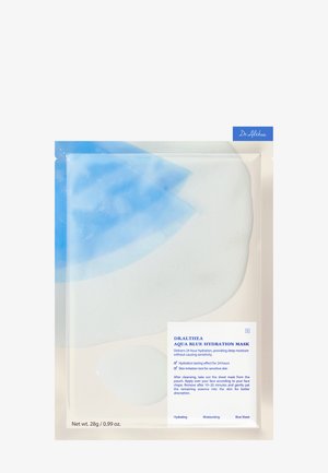 Packaging de la mascarilla hidratante Dr. Althea Aqua Blue con afirmaciones sobre hidratación y alivio de irritaciones cutáneas, incluyendo instrucciones de uso y peso del producto 28g/0,99 oz.