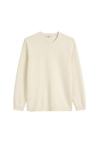 Pull crème à col rond, avec des manches longues et une texture douce, doté de poignets côtelés et d'un ourlet droit.