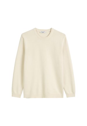 Kremowy sweter z okrągłym dekoltem, długimi rękawami i miękką fakturą, z prążkowanymi mankietami i prostym dołem.