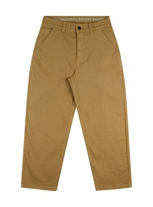 Pohodlné volné kalhoty vyrobené z odolné bavlny. Obsahují zapínání na knoflík, pětipocket design a štítek na pase s textem.