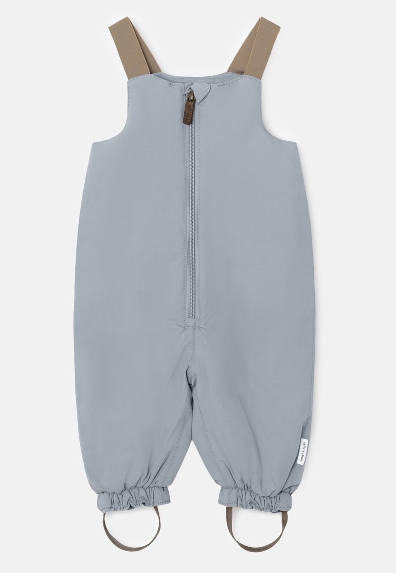 Macacão cinza para crianças com fecho de correr à frente, punhos elásticos e alças ajustáveis castanhas. Textura suave, tecido leve.