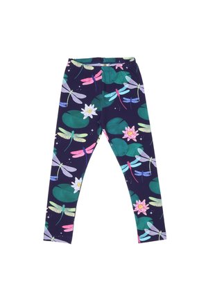 Marineblaue Leggings mit buntem Muster aus Libellen, grünen Seerosenblättern sowie pinken und weißen Seerosen.