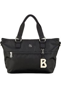 Sac à main en tissu noir avec deux poignées supérieures, poche zippée à l'avant et un porte-clés décoratif en forme de lettre « B ». Texture lisse.