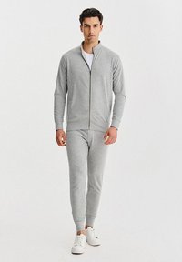 Szara bluza rozpinana na zamek i pasujące spodnie dresowe z miękkiego materiału. Bluza ma ściągacze na mankietach i kołnierzu, do kompletu białe sneakersy.