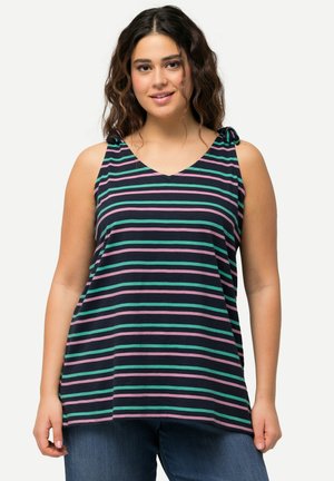 Marineblaues Tanktop mit mehrfarbigen Streifen in Grün, Pink und Weiß. Mit V-Ausschnitt und gebundenen Trägern, aus weichem Stoff.