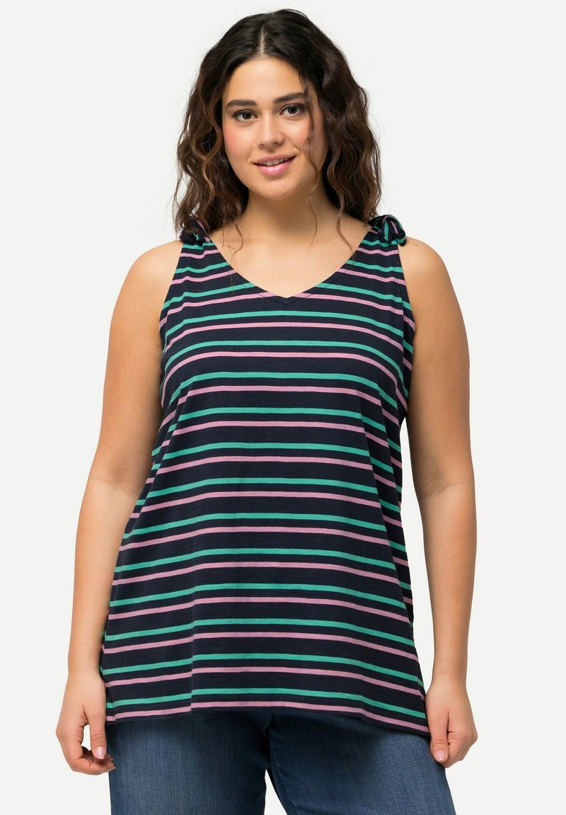 Canotta blu navy con strisce multicolori in verde, rosa e bianco. Presenta un collo a V e spalline annodate, realizzata in tessuto morbido.