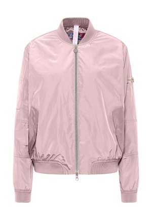Lichtroze bomberjack met ritssluiting aan de voorkant, geribbelde manchetten en zoom, twee zijzakken en een kleine patch op de linkermouw.