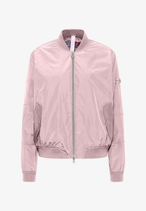 Lichtroze bomberjack met ritssluiting aan de voorkant, geribbelde manchetten en zoom, twee zijzakken en een kleine patch op de linkermouw.