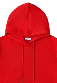 Felpa rossa con cappuccio e lacci, dal morbido tessuto. Presenta un'etichetta con la scritta "CECIL". Design semplice senza motivi o decorazioni.